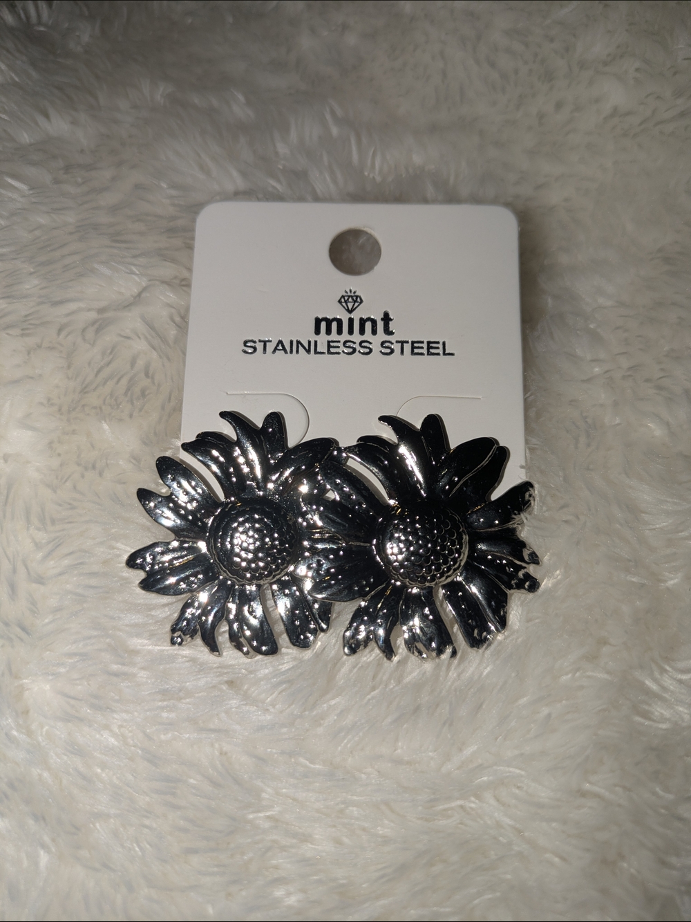 Mint Silver Sunflower Stainless Steel Floral Stud Earrings